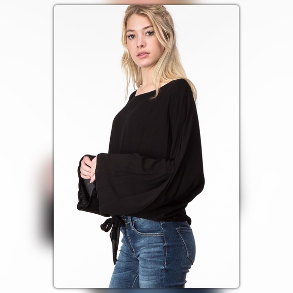 Black Bell Sleeve Tie Front Top - Picture 4 of 5